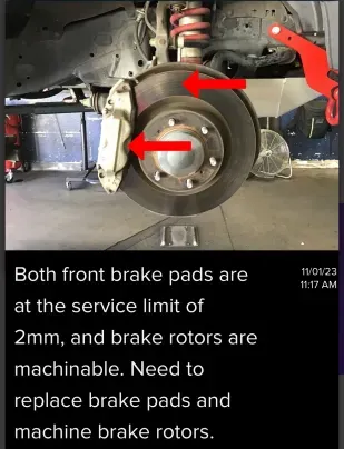 Front Brake pads are at the safety limit of 2 mm and need to be replaced