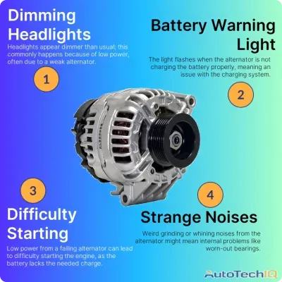 Faulty alternator symptoms like dimming headlights, battery warning light, difficulty starting and strange noises