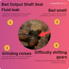 The common symptoms of a bad output shaft seal include bad smells, grinding noises, difficulty shifting gears and fluid leaks