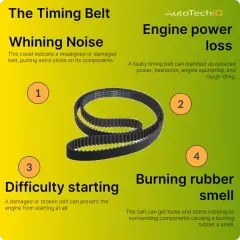 a faulty timing belt will show symtpoms like a burning rubber smell, difficulty starting, engine power loss, and a whining noise