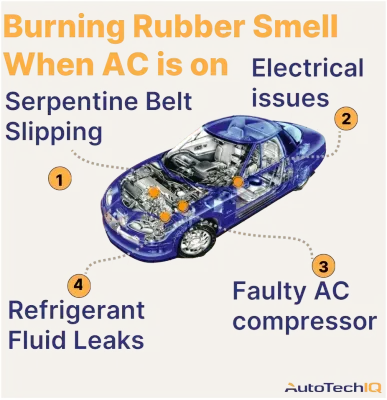 Common causes for burnign smell when turning the AC on include low refrigeran level, Faulty ac compressor, electrical issues, slipping serpentine belt