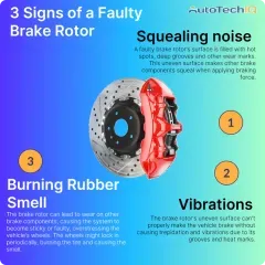 Signs of a faulty brake rotor include vibration, squealing noises, and burning rubber smell