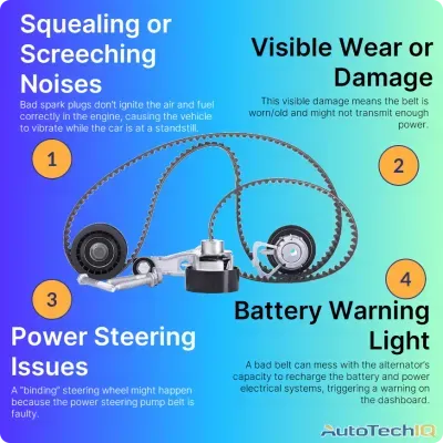 Drive belt symptoms Squealing or Screeching Noises, Visible Wear or Damage, Power Steering Issues, Battery Warning Light