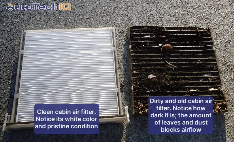 Comparison between a dirty cabin air filter and a clean one