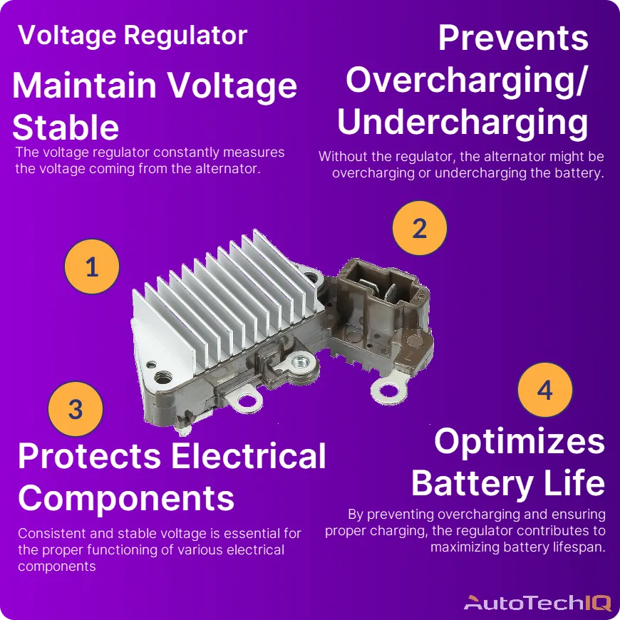 Common roles of the voltage regulator includes maintaining a stable voltage, prevents undercharging/overcharging, protects electrical components and optimizes battery life