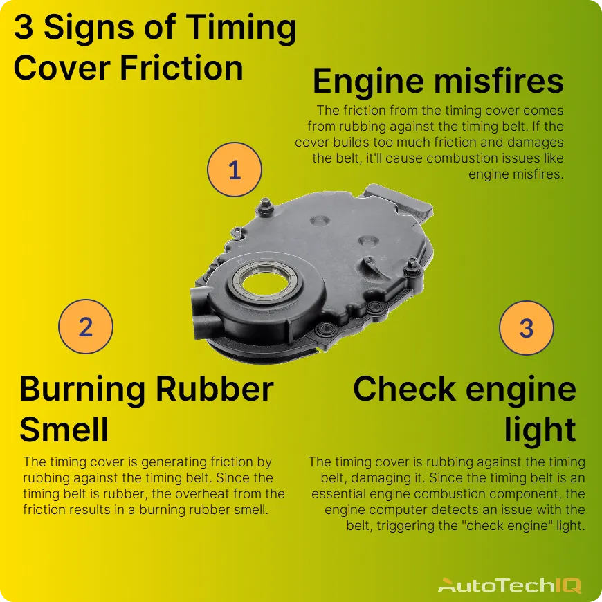 signs of friction in the timing cover includes a burning rubber smell, engine misfires and a check engine light