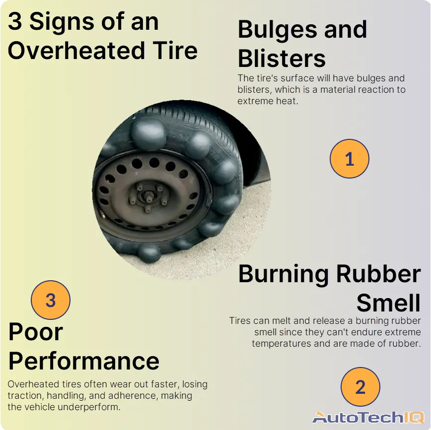 Common signs of an overheated tire include poor performance, burning rubber smell and bulges and blisters on the tires' surface