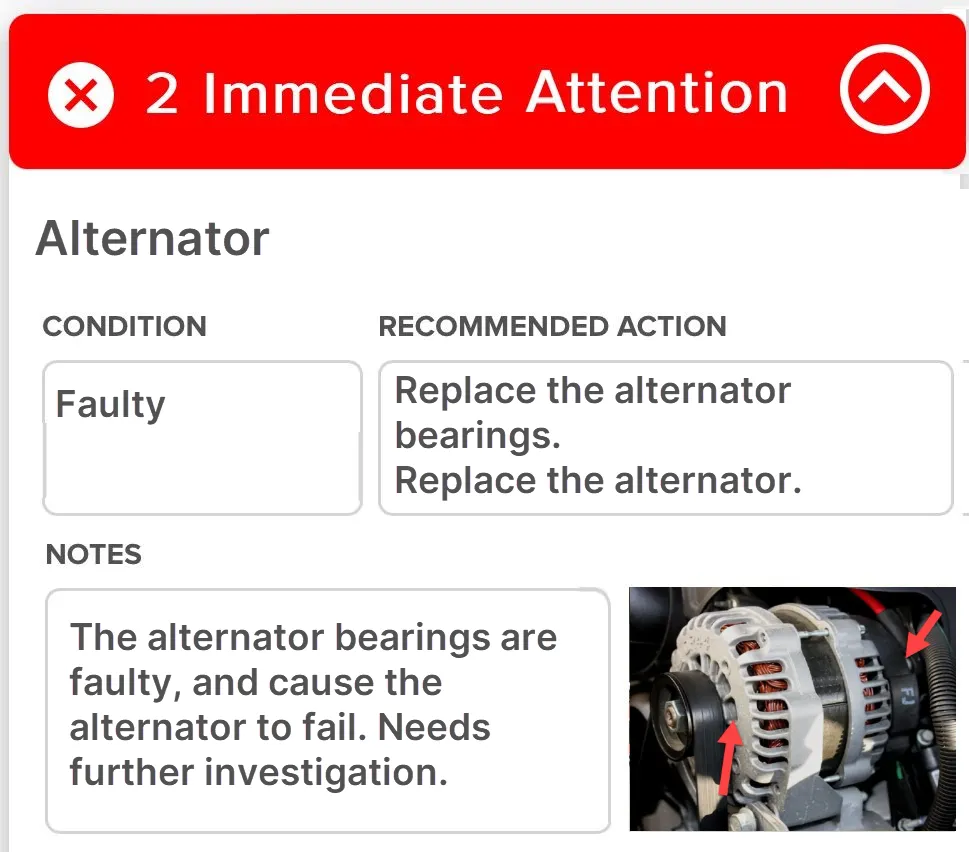 Alternator has faulty bearigns and needs immediate attention after inspection