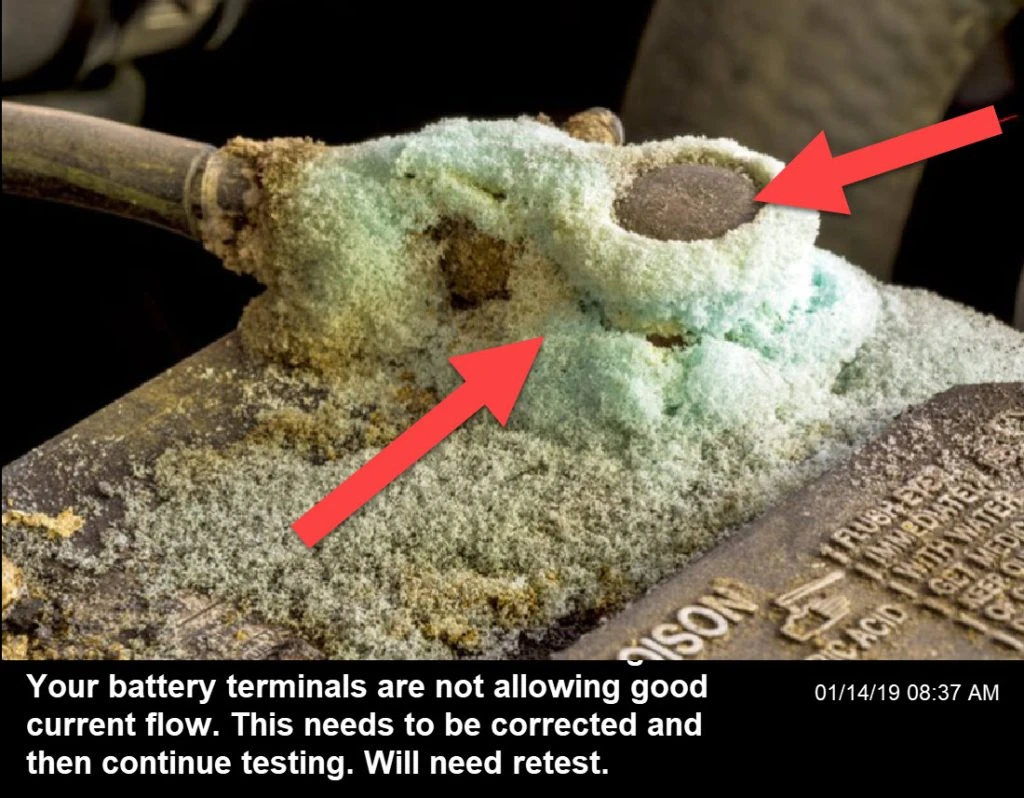 Battery terminal issues caused by corrosion and battery leaks, resulting in a battery warning light and electrical issues
