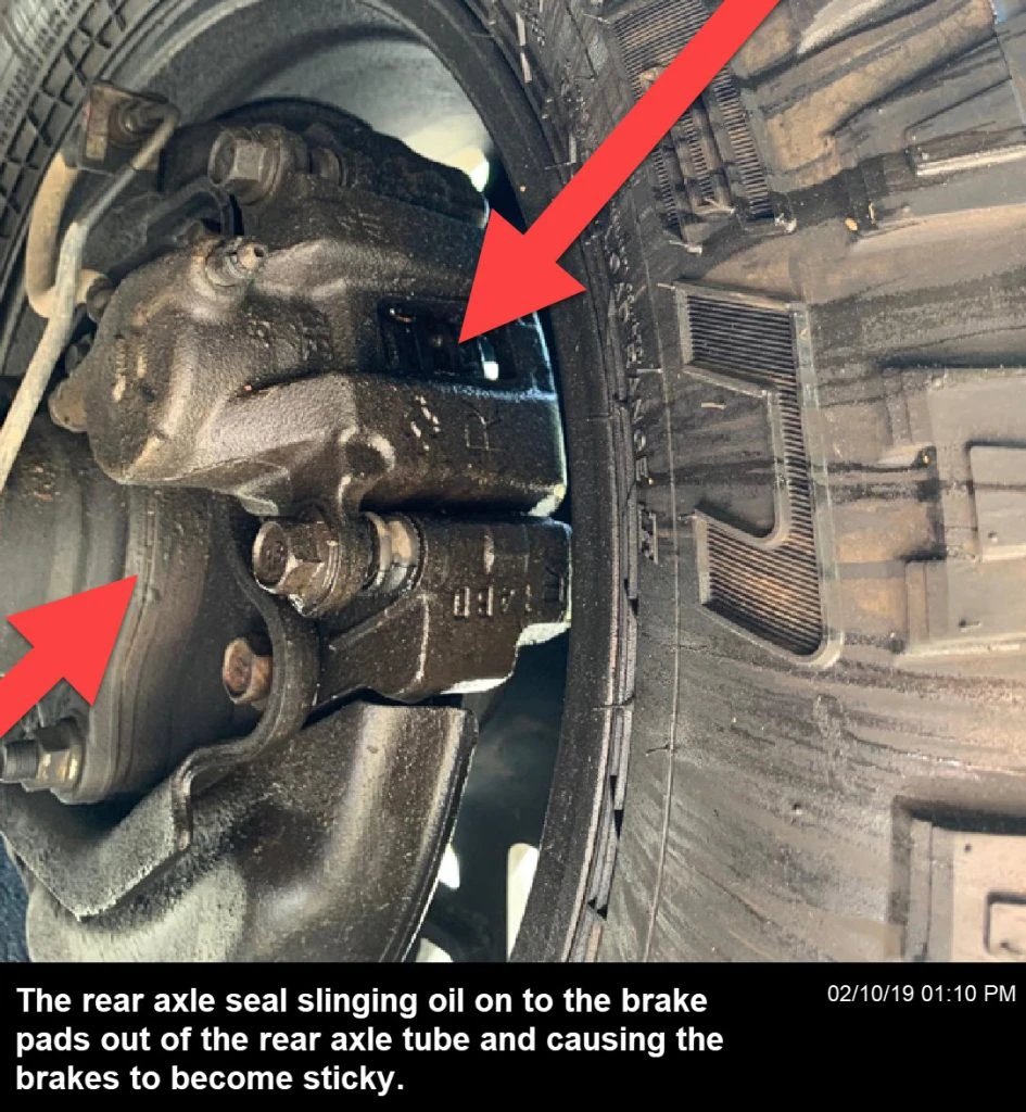 Leaking axle seal causing the brake pads to become sticky and wear out